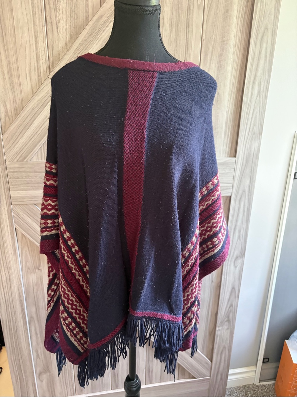 Club Monaco Navy and Burgundy Fringed Poncho